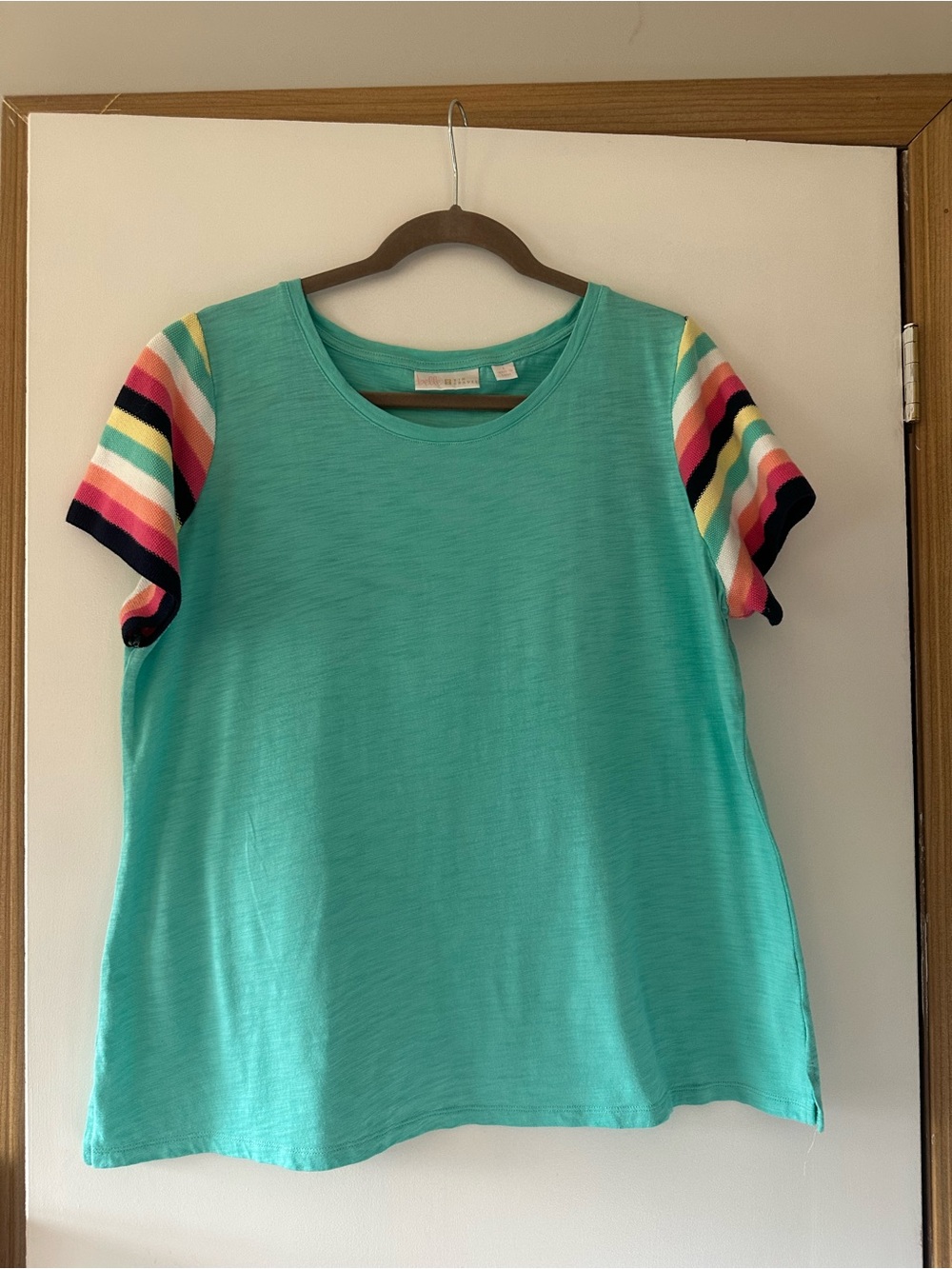 Women’s Teal Tee (mermaid) slub knit crochet with Multicolor Stripe cap sleeves